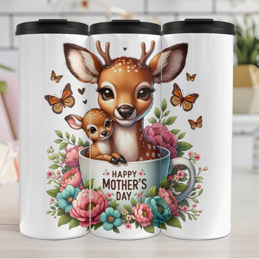 Hertenmoeder: Fawn, Flowers, Moederdag Thermosbeker