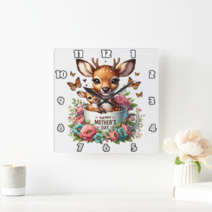Hertenmoeder: Fawn, Flowers, Moederdag Vierkante Klok