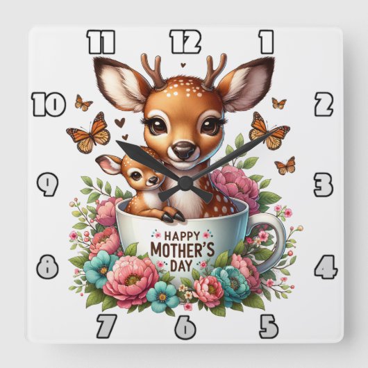 Hertenmoeder: Fawn, Flowers, Moederdag Vierkante Klok (Voorkant)