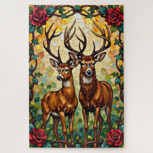 Hertenpaar Art Nouveau Glas-in-Lood Boog Legpuzzel