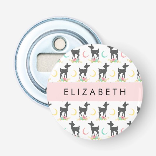 Hertenpatroon, Baby Herten, Boho, Bloemen, Jouw na Button Flesopener (Voorkant)
