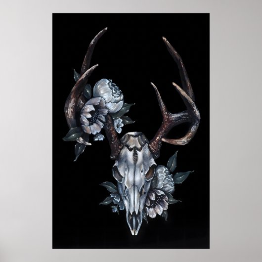 Hertenschedel met Bloemen- Giclee Print van (Voorkant)