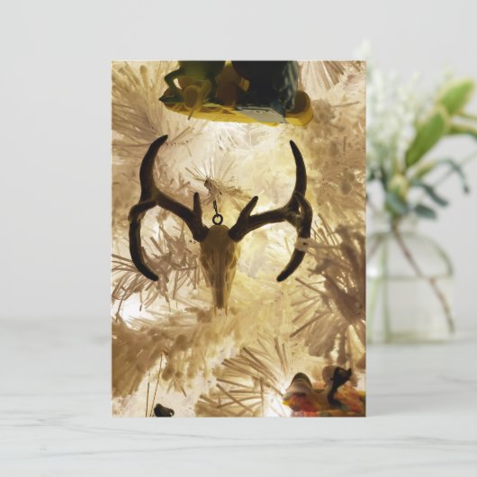 hertenschedel ornament witte kerstboom feestdagenkaart (Staand voorkant)