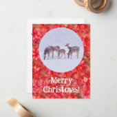 Hertensneeuw en Rode Poinsettia Kerst Platte Kaart Notitiekaartje (Voorkant / Achterkant in situ)