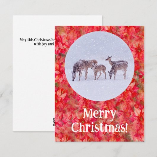 Hertensneeuw en Rode Poinsettia Kerst Platte Kaart Notitiekaartje (Voorkant / Achterkant)
