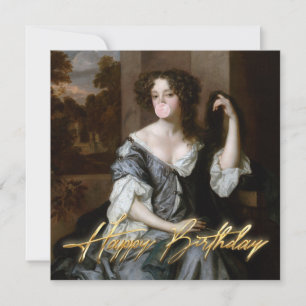 Hertogin blaast een roze kauwgom Happy Birthday