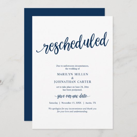 Hertrouwde bruiloft, marineblauw, aankondiging (Voorkant / Achterkant)