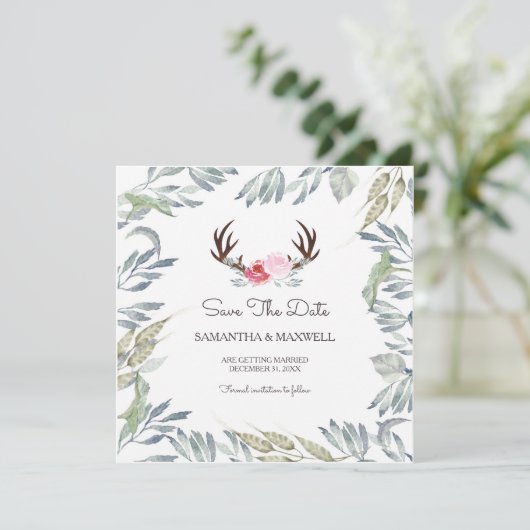 Hertshoorn & Groene Save The Date - Vierkant (Staand voorkant)