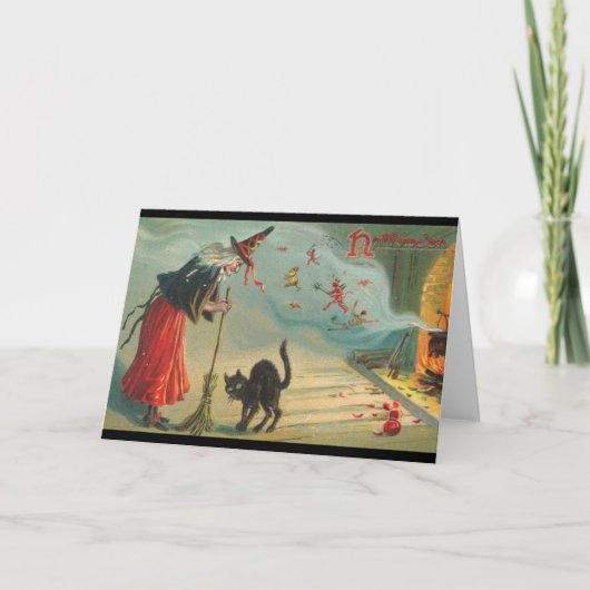 Heruitgave van de Victoriaans Witch & Cat Hallowee Kaart (Voorkant)