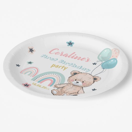 Het 1e Verjaardagspapier Bord met leuke teddybeer (Gekanteld)