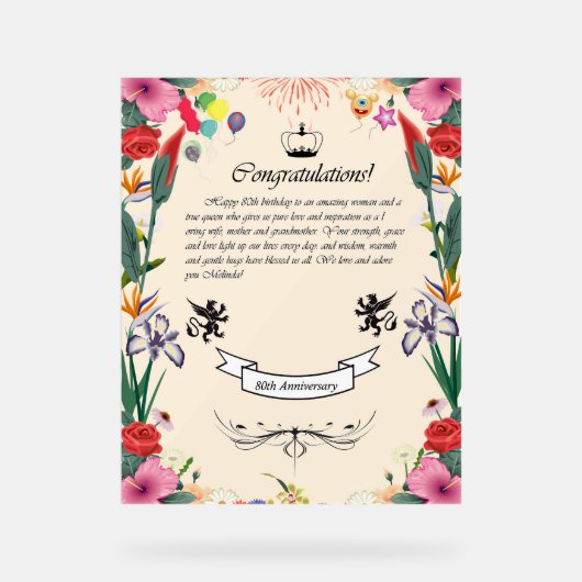 Het 80ste Wenskaart van Melinda Acryl Bord (Voorkant)