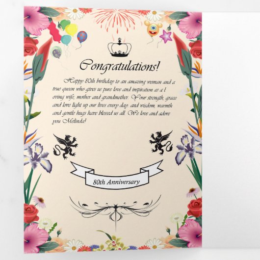Het 80ste Wenskaart van Melinda Drieluik Aankondiging (Binnenzijde eerst)