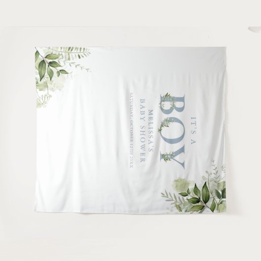 Het A Boy Foliage Blue Baby shower Foto Prop. Wandkleed (Voorkant (horizontaal))