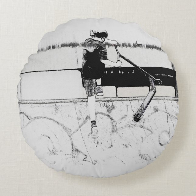 Het aanlanden - Stunt Scooter Rider Round Pillow Rond Kussen (Voorkant)