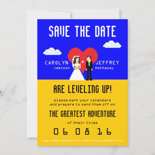 Het aanpasbaar Nerdy 8-bits Bride & Groom sparen d Save The Date (Voorkant)