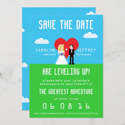 Het aanpasbaar Nerdy 8-bits Bride & Groom sparen d Save The Date (Voorkant / Achterkant)