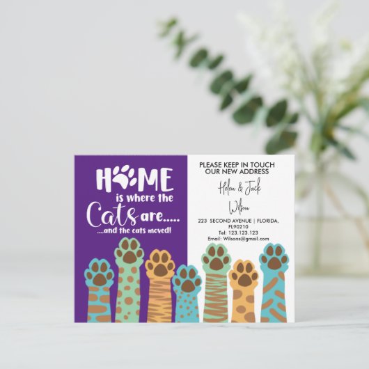 Het adres dat we thuis hebben verplaatst is katten aankondigingskaart (Staand voorkant)