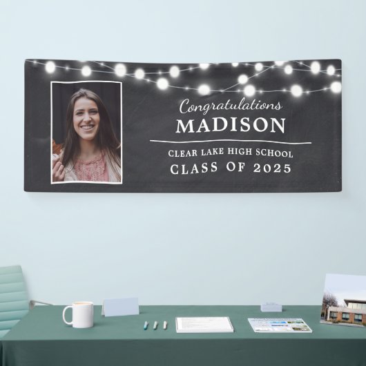 Het Afstudeerder Foto van Rustic Chalk String Ligh Spandoek (Beurs)