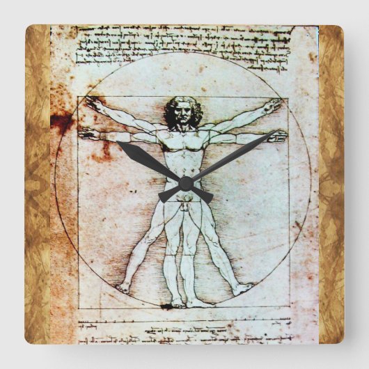 Het Antiek perkamentegment VITRUVIAN MAN Vierkante Klok (Voorkant)