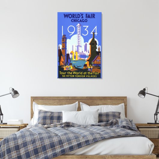 Het  Art Deco Chicago 1934 World's Fair Poster Canvas Afdruk (Insitu (Slaapkamer))