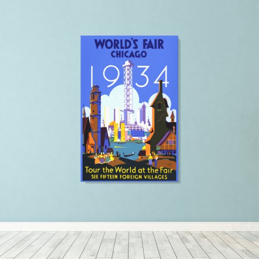 Het  Art Deco Chicago 1934 World's Fair Poster Canvas Afdruk (Insitu (Houten vloer))