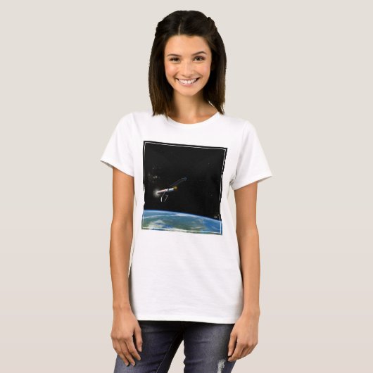 Het Atlas V541 lanceervoertuig in een baan om de a T-shirt (Voorkant volledig)