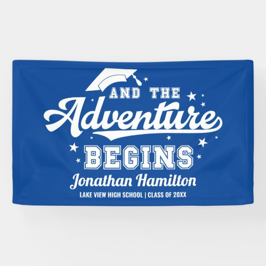 Het avontuur begint blauwe grad feest spandoek (Horizontaal)