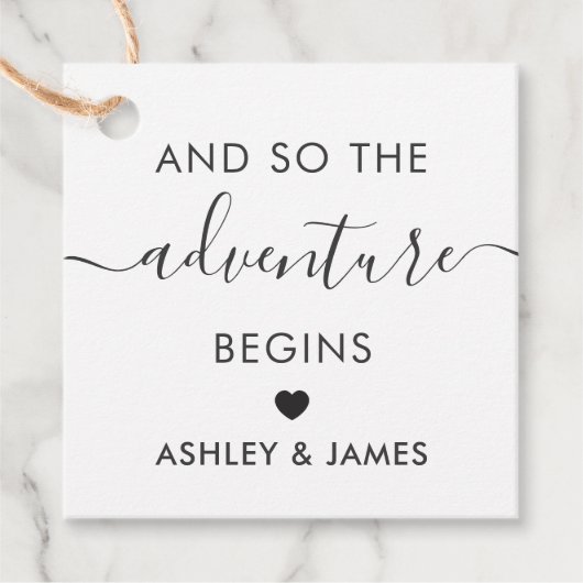 Het avontuur begint, bruiloft welkom Label, Kraft Bedankjes Labels (Voorkant)