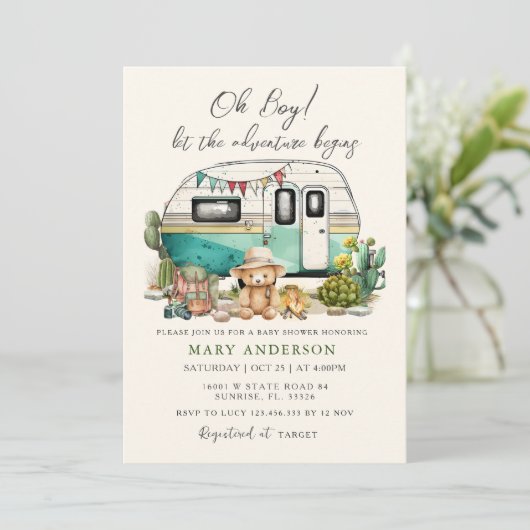 Het avontuur begint Camper Summer Baby shower Kaart (Staand voorkant)