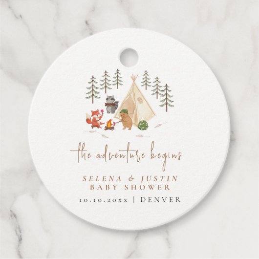 Het avontuur begint Dieren Camping Baby shower Bedankjes Labels (Voorkant)