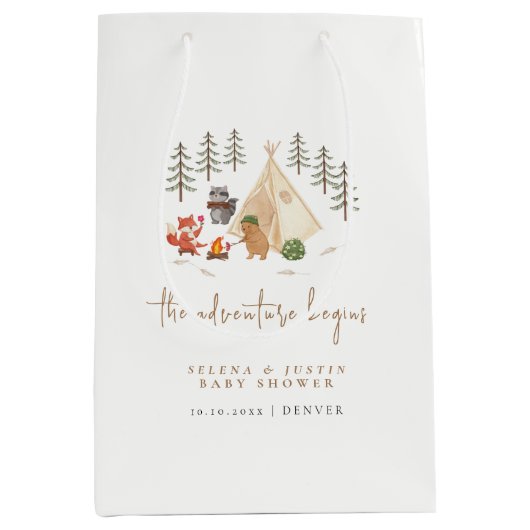 Het avontuur begint Dieren Camping Baby shower Medium Cadeauzakje (Voorkant)