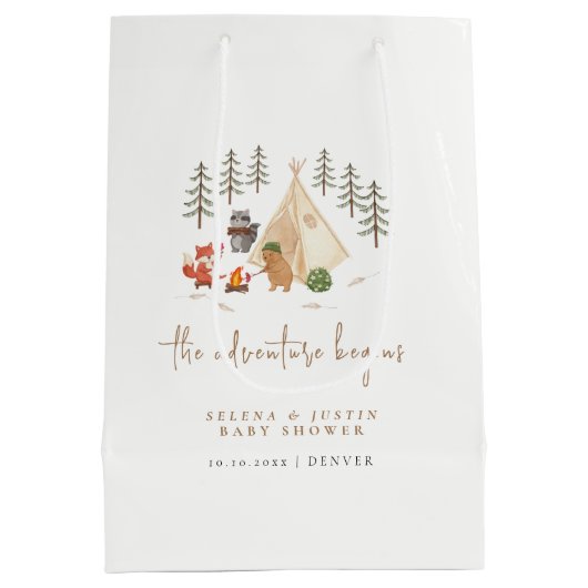 Het avontuur begint Dieren Camping Baby shower Medium Cadeauzakje (Achterkant)
