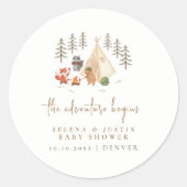Het avontuur begint Dieren Camping Baby shower Ronde Sticker (Voorkant)