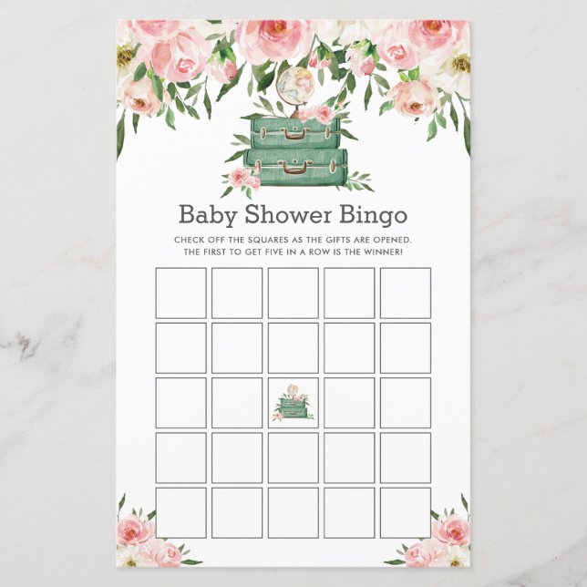 Het avontuur begint Floral Baby shower Bingo spel (Voorkant)