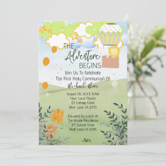 Het avontuur begint hete luchtballon 1e communie kaart (Staand voorkant)