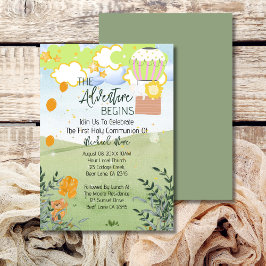 Het avontuur begint hete luchtballon 1e communie kaart