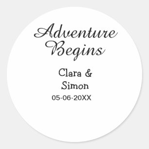 Het avontuur begint huwelijks paar naam datum ronde sticker