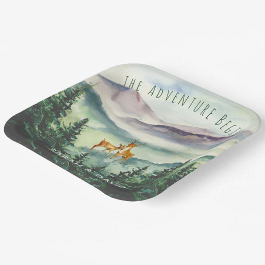 Het avontuur begint met bergen Deer Forest Wedding Papieren Bordje (Gebogen)