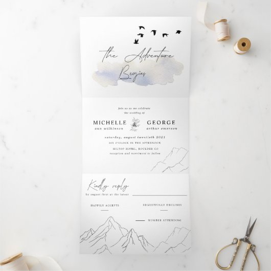 Het avontuur begint met een elegante bruiloft drieluik uitnodiging (Binnen)