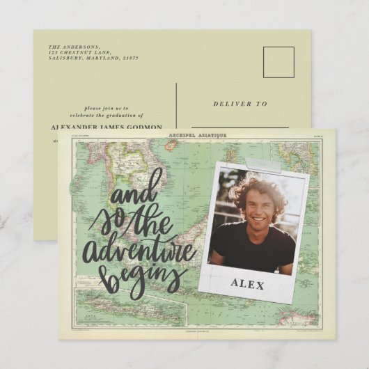 Het avontuur begint met foto-afstuderen invullen uitnodiging briefkaart (Voorkant / Achterkant)