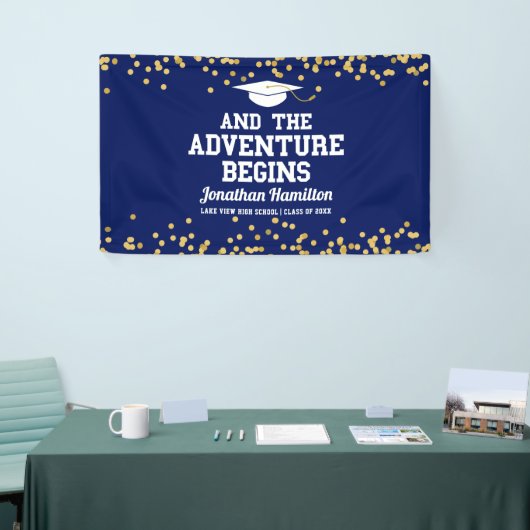 Het avontuur begint Navy Blue Afstudeerder Party Spandoek (Beurs)