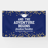 Het avontuur begint Navy Blue Afstudeerder Party Spandoek (Horizontaal)