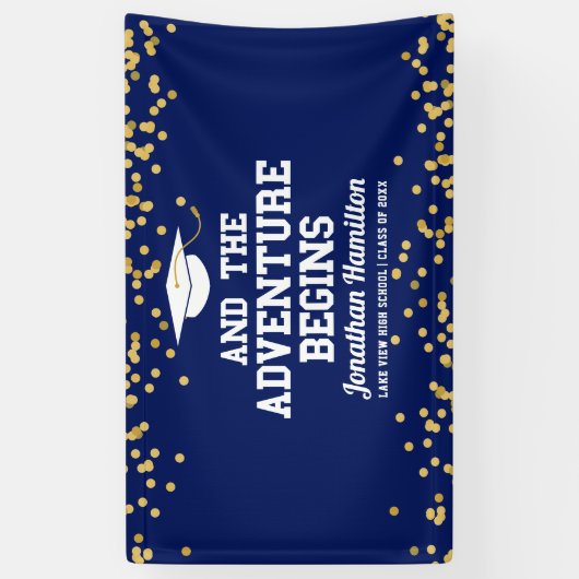 Het avontuur begint Navy Blue Afstudeerder Party Spandoek (Verticaal)