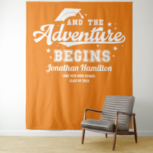 Het avontuur begint oranje grad feest achtergrond wandkleed