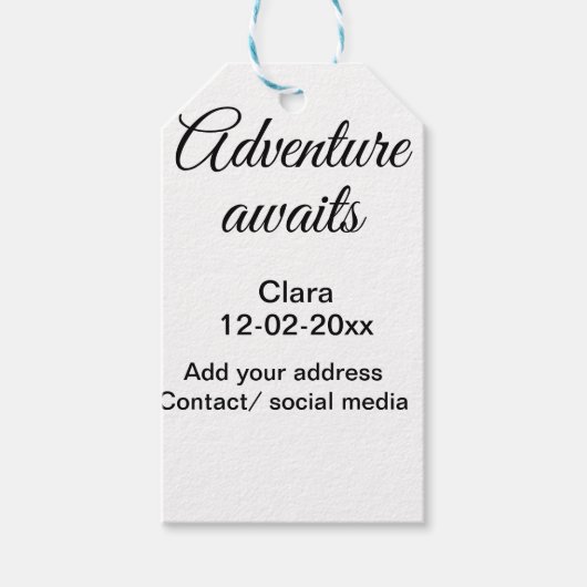 Het avontuur begint voeg naam toe datum jaar plaat cadeaulabel (Voorkant)
