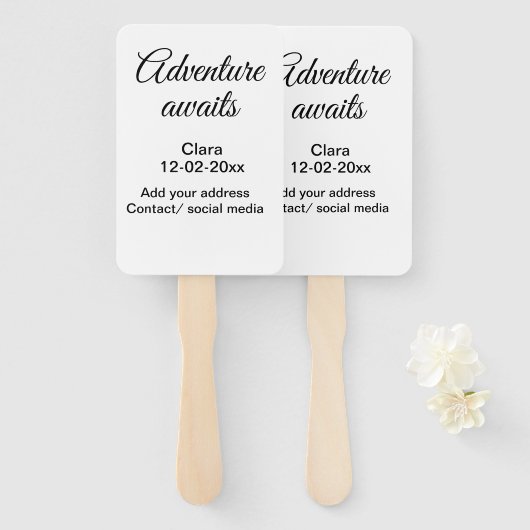 Het avontuur begint voeg naam toe datum jaar plaat handwaaier (Voorkant en achterkant)