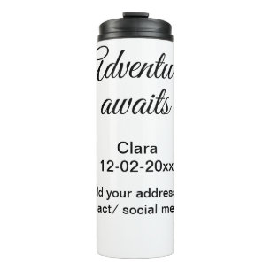 Het avontuur begint voeg naam toe datum jaar plaat thermosbeker