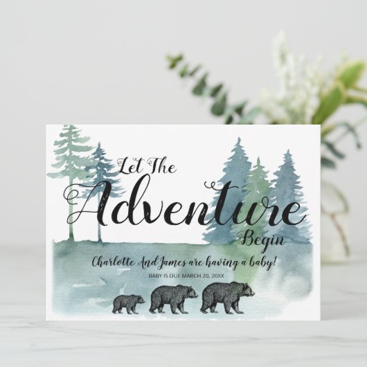 Het avontuur begint Waterverf Beren Baby shower Aankondiging (Staand voorkant)