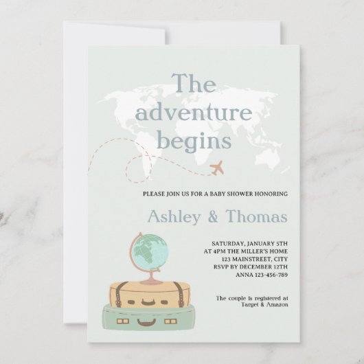 Het avontuur begint Wereldkaart Reizen Baby shower Kaart (Voorkant)
