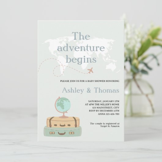 Het avontuur begint Wereldkaart Reizen Baby shower Kaart (Staand voorkant)